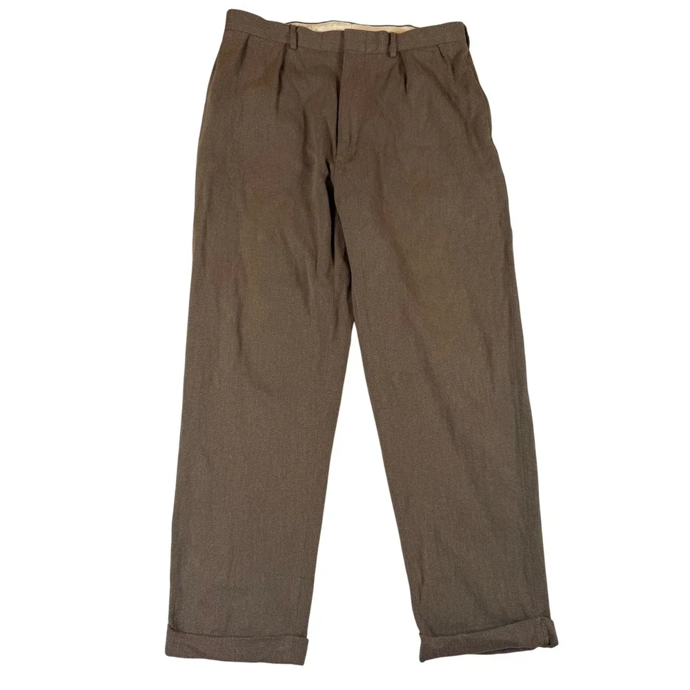Vtg Polo Ralph Lauren Mens 34x30 Brown Pleated Cotton Twill Cuffed Dress Pants